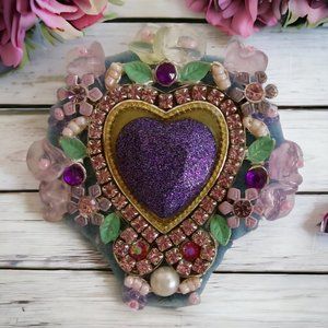 OOAK Hand Crafted Heart Brooch with Rhinestones and Glass Flowers Vintage RARE